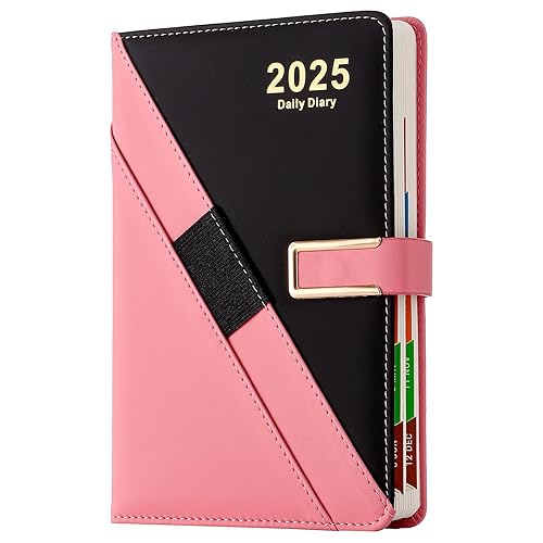 Diary 2025 A5 Day per Page,Organizer Weekly Monthly Planner From Jan 2025 to Dec 2025,Hardcover Week to View Diary,Pen Holder, Stickers,Inner Pocket (Pink&amp;Black 2025)