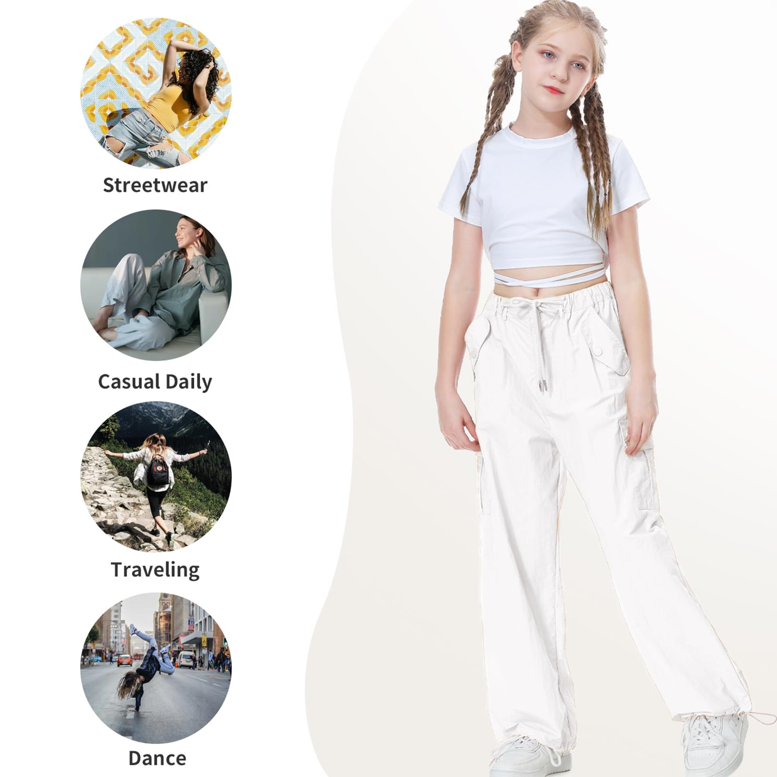 Rolanko Pantalon Cargo Parachute Baggy pour Filles, Pantalon de Jogging Vintage Y2K avec Taille Élastique Ajustable pour Enfants
