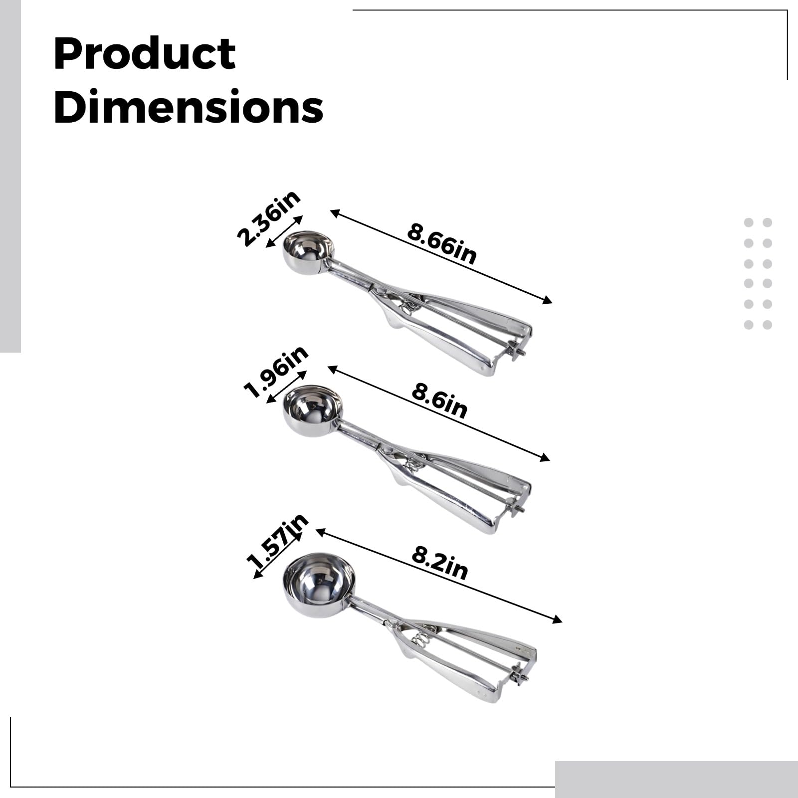 Lot de 3 cuillères à glace en acier inoxydable, grandes, moyennes et petites, cueille-fruits, poignée ergonomique pour glace, fruits et pâte à cookies, faciles à nettoyer, pour desserts maison