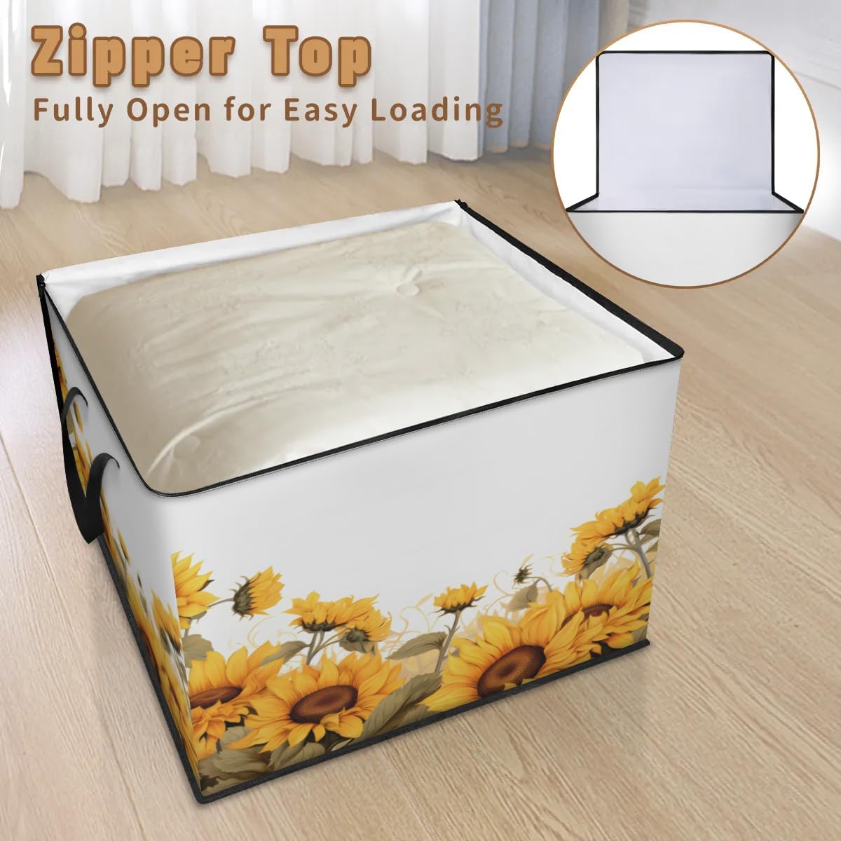 Honeybaby 214L Extra Large Comforter Storage Bag Summer Blooming Sunflowers Storage Totes with Lids Waterproof Closet Organizer Folding Blanket Storage Bags for Clothes Bedding Pillows