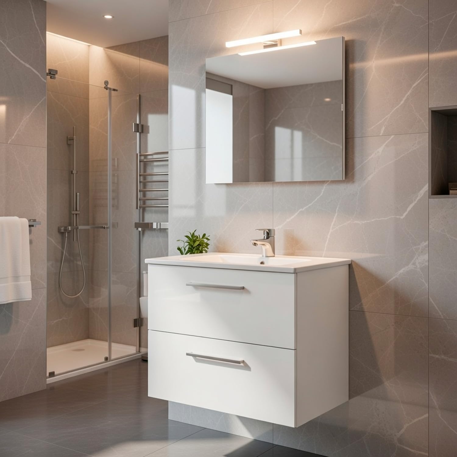 Bricozone Mobile Bagno Sospeso 80 Cm Con Lavabo In Ceramica Specchio E Led Da 45 Cm Bianco 2 Cassetti Chiusura Assistita Per Arredo Bagno Contemporaneo (Mobile Lavabo e Specchio con Led da 45 Cm)