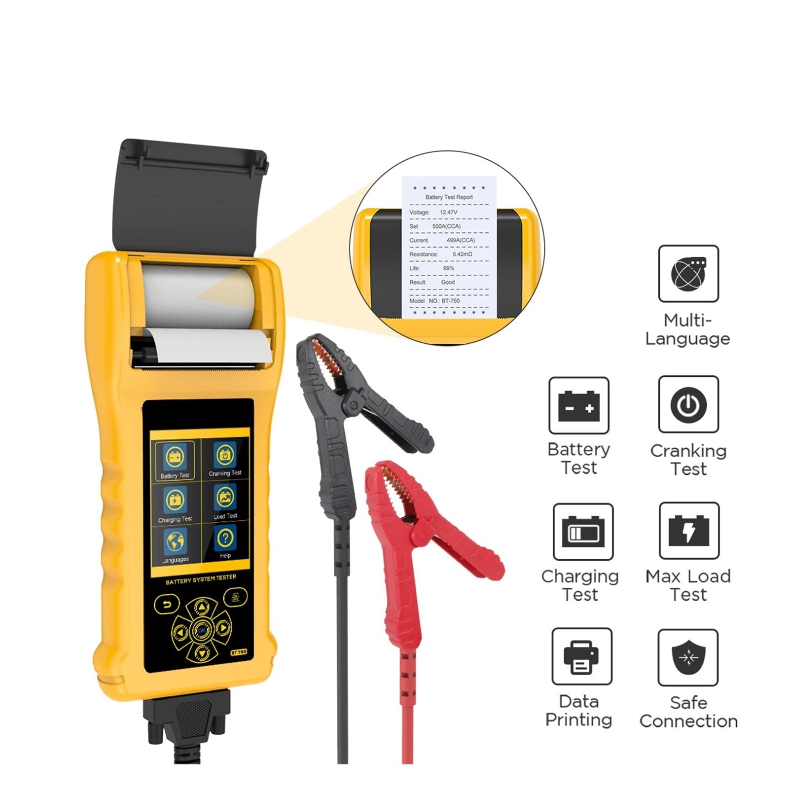Comprobador de Carga de batería, Probador de batería de Coche BT760 con Impresora térmica, Prueba de Carga máxima de Carga de Arranque de batería multilingüe for vehículo ，función de protección
