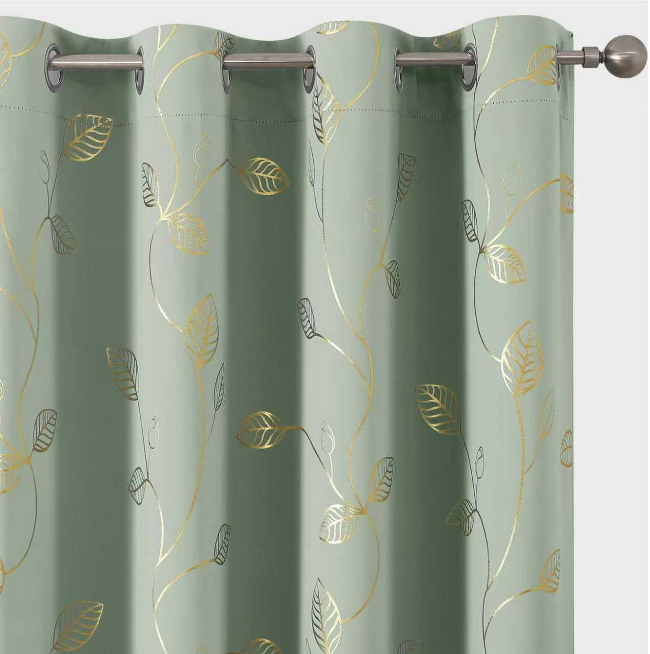 BUHUA Room Darkening Curtains 72 Inch Length, Window Treatments for Living Room Grommet Curtains with Gold Leaf Foil Design (52 x 72 Inch,Sage Green,Set of 2)