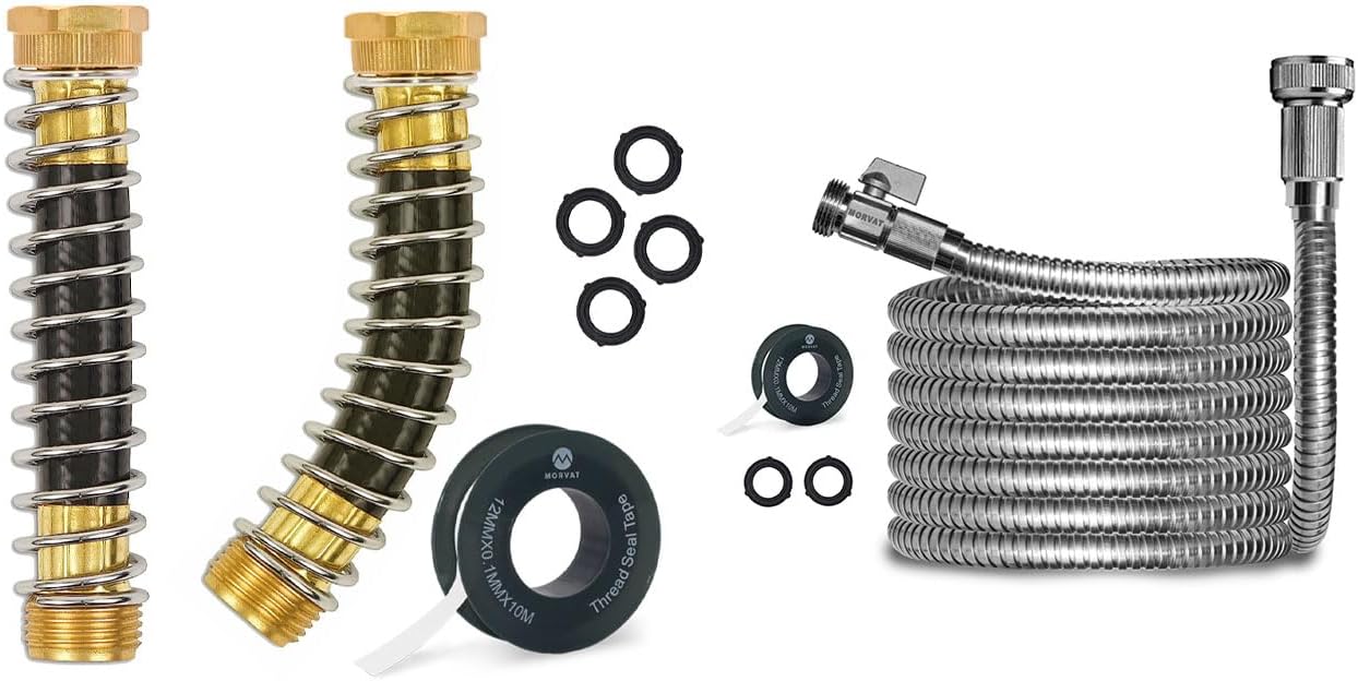 Morvat 10FT Stainless Steel Garden Hose with Brass ON/OFF Valve, Crush Resistant PLUS 2 Pack Coiled Brass Garden Hose Kink & Strain Protector, Connector for Water Valve & Faucet, with Washers & Tape