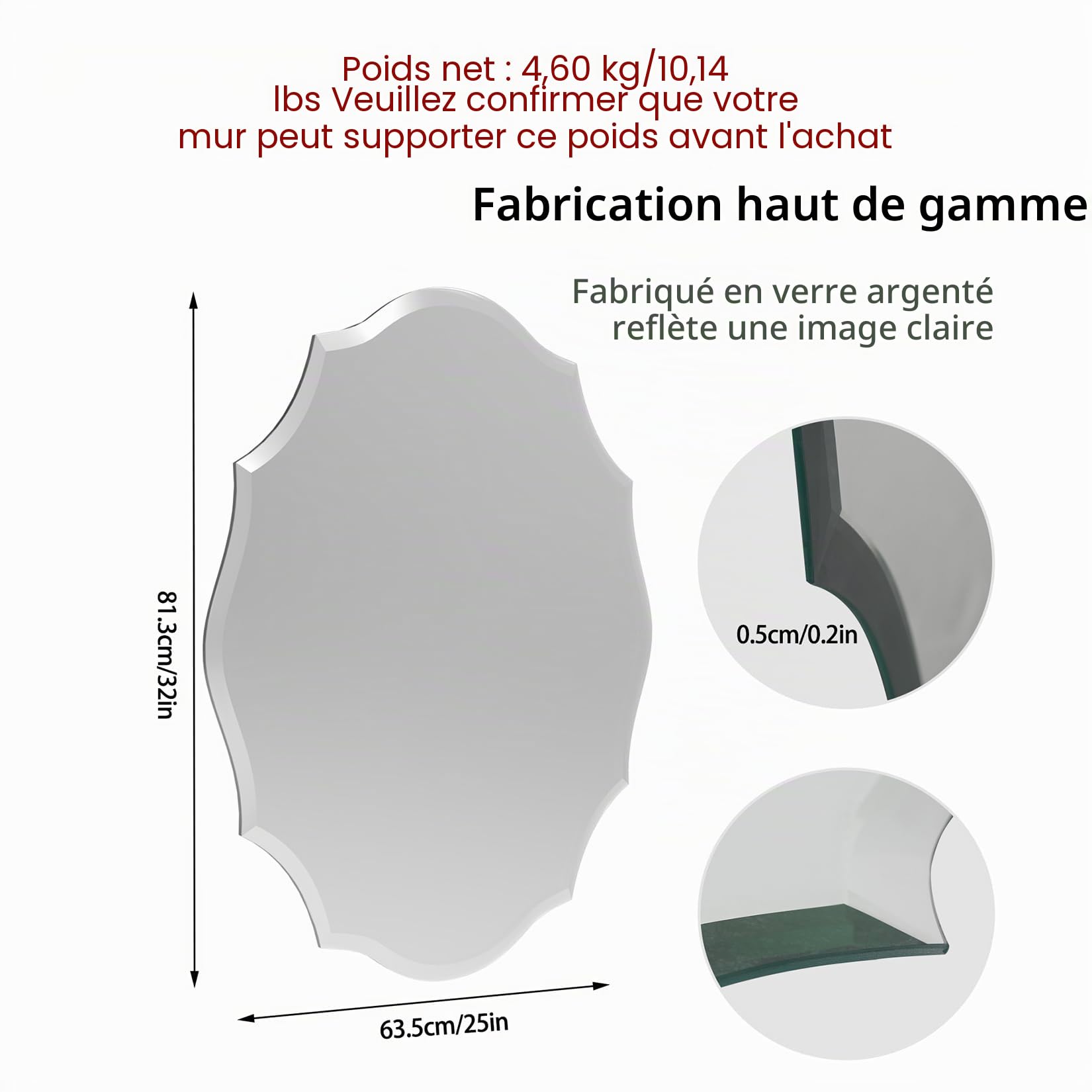 Grand Miroir Ovale Mural Décoratif - Design pour Salon, Chambre, Salle de Bain, Entrée - 81x63cm