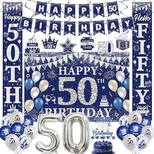 50th Birthday Decorations Men Kit - 35 Pcs Blue Birthday Banner Background Swirls Latex Foil Number 50 Balloons Cake Toppers Table Wall Porch Decor For Him 50 Years Old Party Supplies