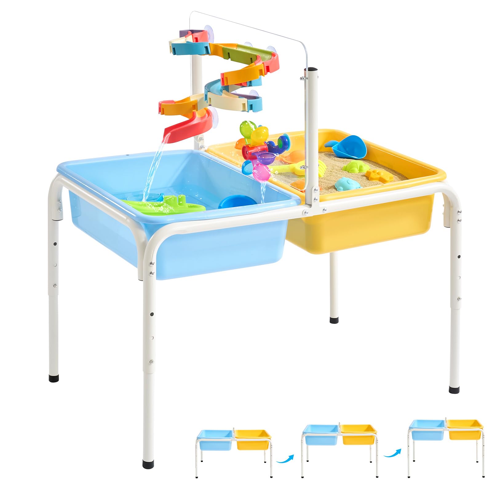 FUNLIO Sand and Water Table, 3 - Level Height Adjustable for Kids 3-6 Years, 4 in 1 Kids Sensory Table with 2 Storage Bins, Acrylic Board, Slide Track Toy, Windmill Toy & Beach Accessories