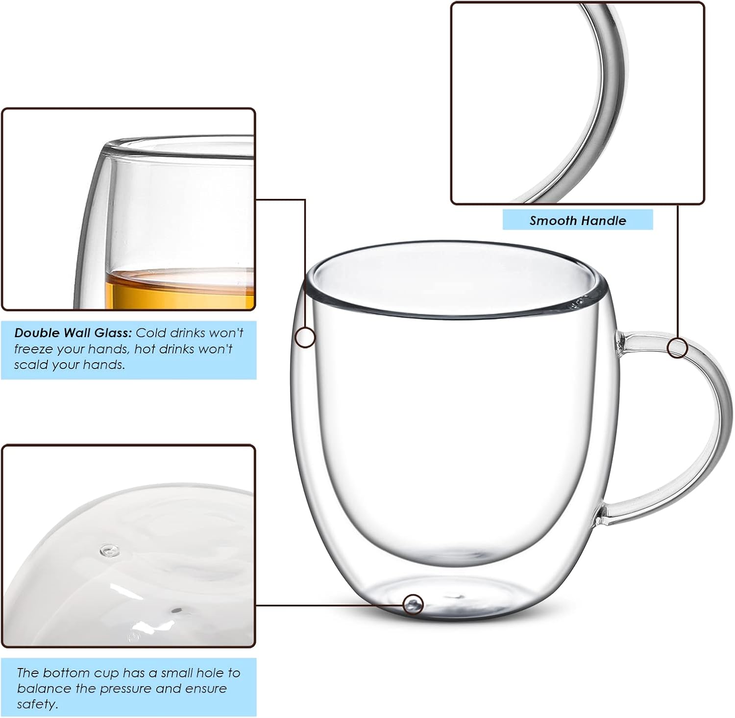 Sorfity Cappuccino Glass Mugs, Set of 4 Double Walled Espresso Mug Cups Glass Mug Set Insulated Clear Drinking Glass Coffee Cups with Handle for Latte, Cappuccino, Tea Bag, Juice (250ml /8.45oz)