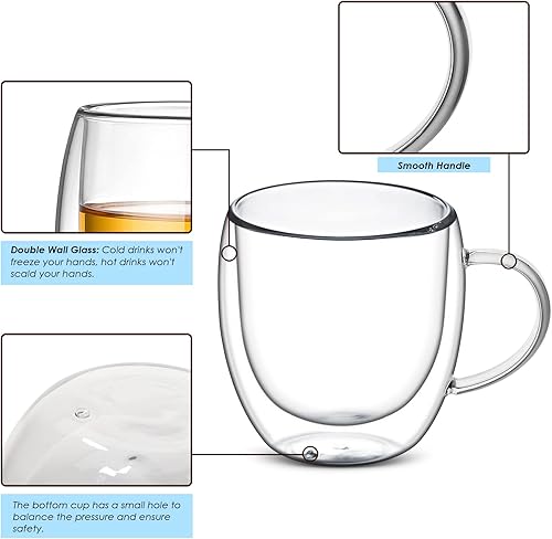 Miniatura 5 de Juego de 4 tazas de cristal de capuchino, juego de 4 tazas de café de doble pared, tazas de café de vidrio aisladas con asa, tazas de vidrio