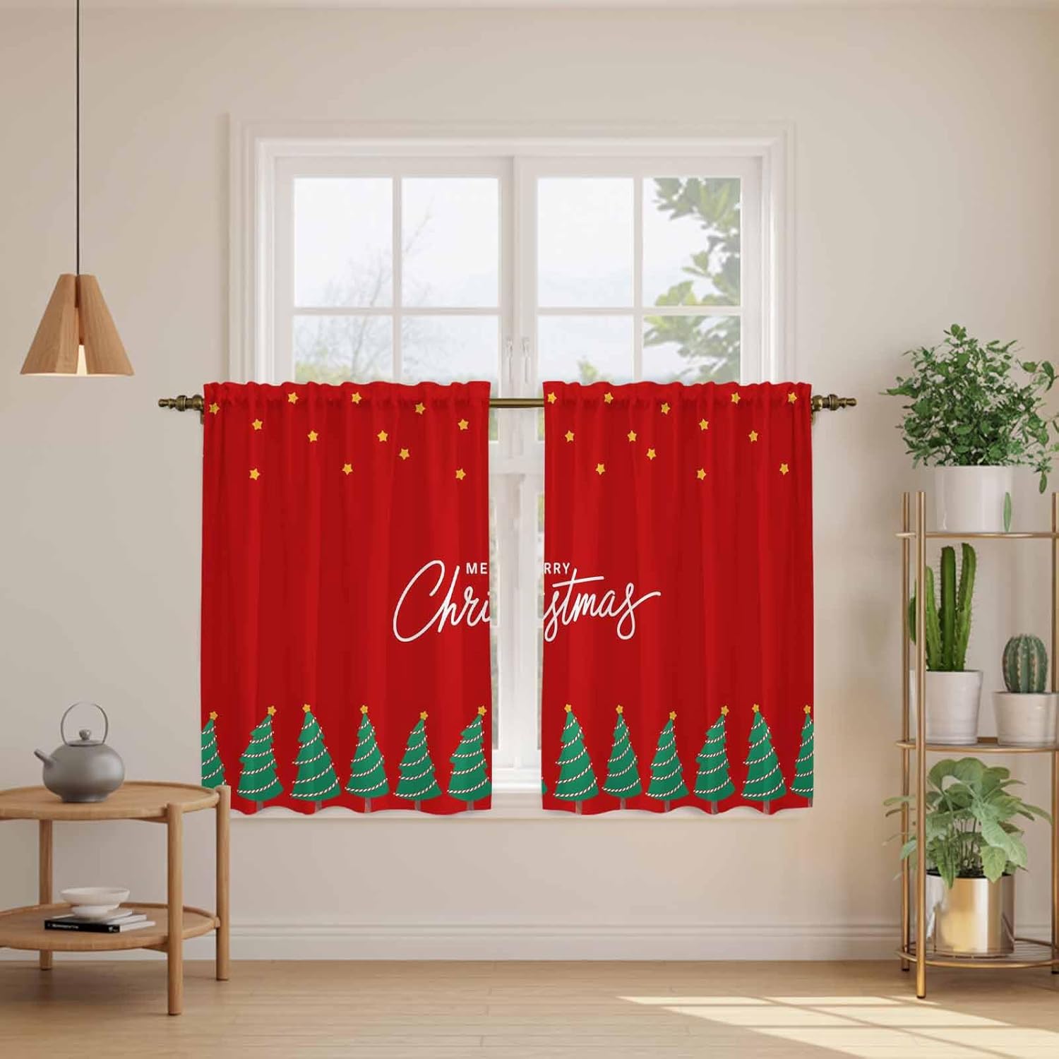 Merry Christmas Red Kitchen Tier Curtains 45 Inch Long 2 Panel Set,Rod Pocket Short Window Treatment,Xmas Tree Stars Winter New Year Curtains & Drapes for Bathroom Basement 27.5"W x 45"L