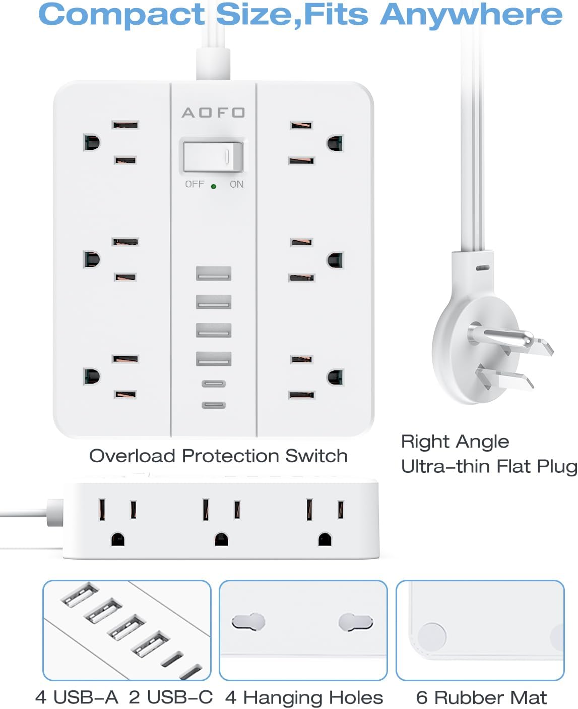 Surge Protector Power Strip - 12 AC Outlets + 6 USB Ports (2 USB-C), 5FT Flat Plug Extension Cord with Multiple Outlets, Wall Mount, White