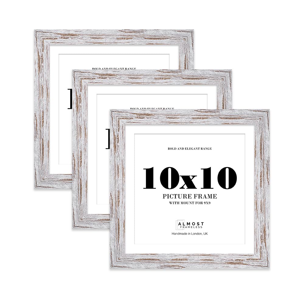 10x10" Distressed Wood Square Frame With Mount for 9x9" Pictures 28mm Edge Frame Display with Wall Hooks and Kickstand, 3 Pack