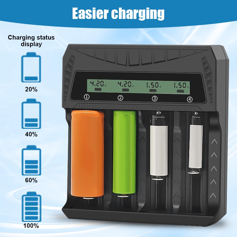 AXFEE Ładowarka akumulatorów 18650, uniwersalna szybka ładowarka do akumulatorów 18650 z wyświetlaczem LCD, 4-gniazdowa ładowarka USB-C do akumulatora, odpowiednia do 21700 26650 16340 18500 14500