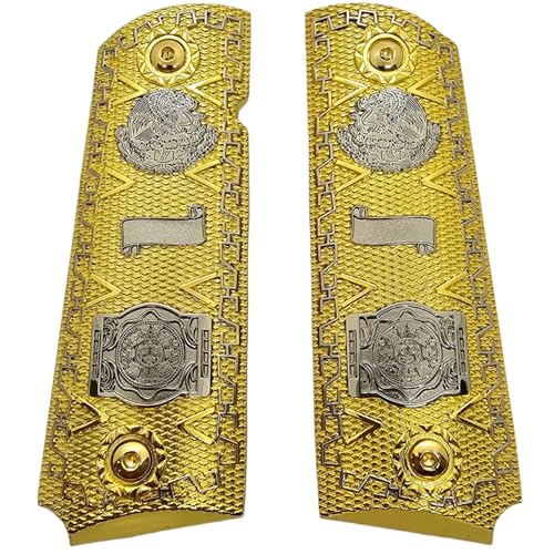 Aztec Calendar and Mexican Eagle 1911 Full-Size Grips â€“ Premium Gold & Nickel-Plated with Ambi Cut, Fits Standard Government 1911 Models, Includes Screws