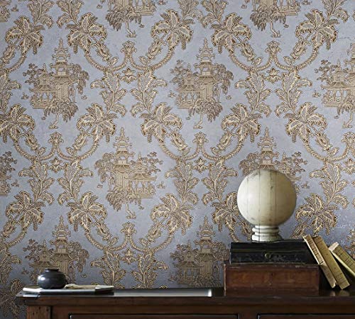 113 sq.ft Rolls Slavyanski wallcoverings Oriental Scenic Asian Pattern Vinyl Non-Woven Wallpaper Silver Pastel Gray Metallic Textured Floral Gold Brass Damask 3D coverings Paste The Wall only