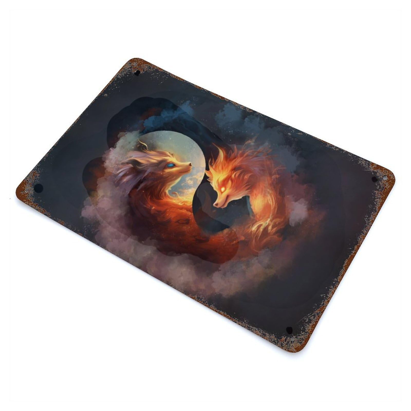 Garage Style Fox Yin Yang Decorative Tin Sign 11.8"x7.9", Farmhouse Wall Decor for Bar And Workshop