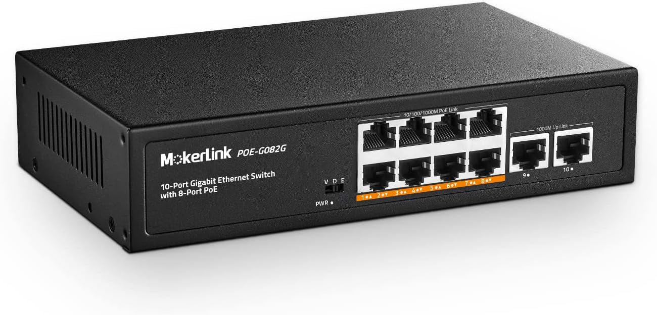 MokerLink 10 Port Gigabit Poe Switch, 8 GE Poe+, 2 GE Uplink, 10/100/1000Mbps, 120W 802.3af/at Poe, Ethernet Switch Plug and Play Fanless