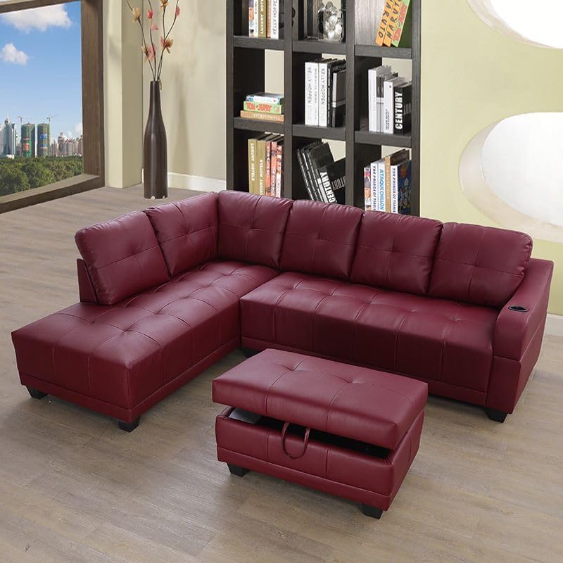 UBGO Furniture, 3-Piece, L-Shape Sectional Set with Curved Armrest w/Cup Holder,Comfy Sofa Couch with Chaise and Ottoman for Living Room, Apartment, Office-Red 2 61ZBXwIOGJL. AC