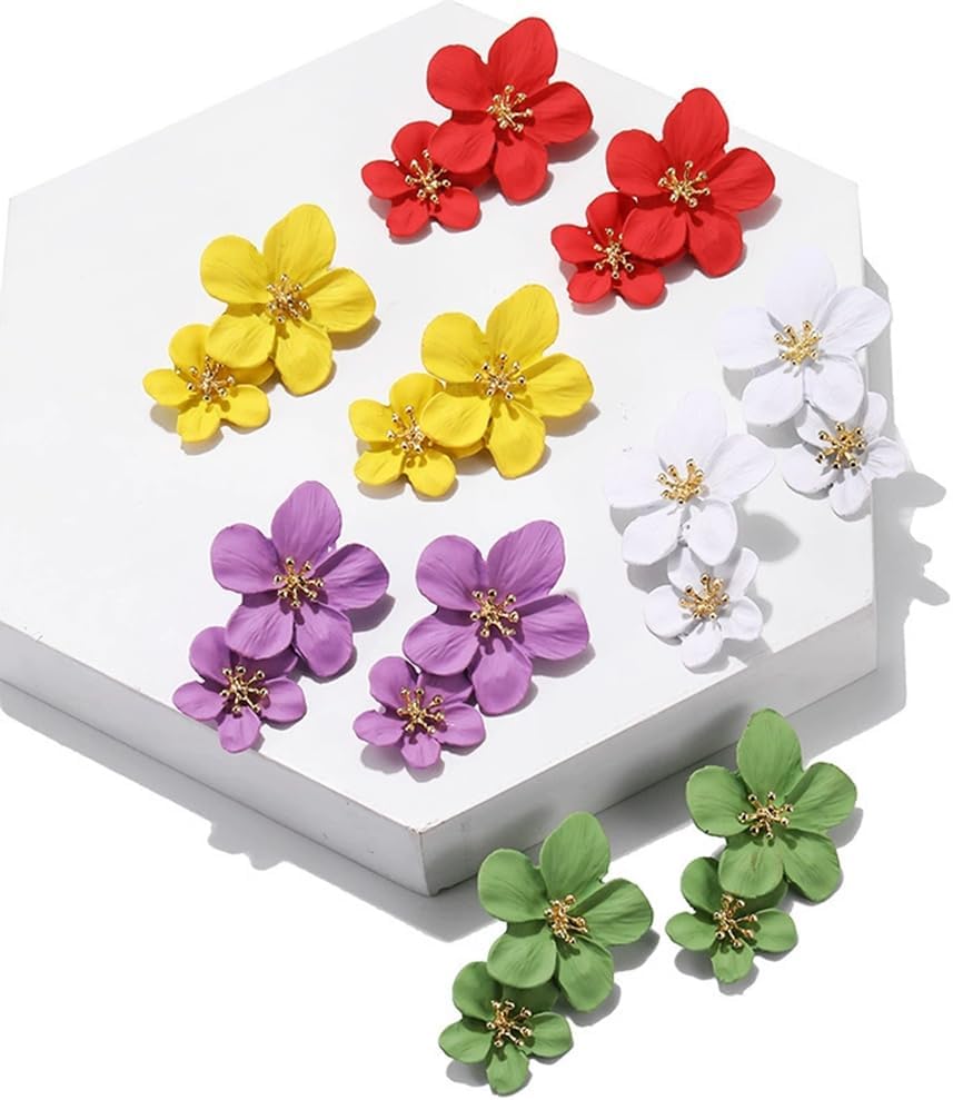 Large Double Flower Earrings Boho Metal floral Stud Earrings Drop Dangle Earrings for Women Statement Wedding Holiday Jewelry (White) - Image 9