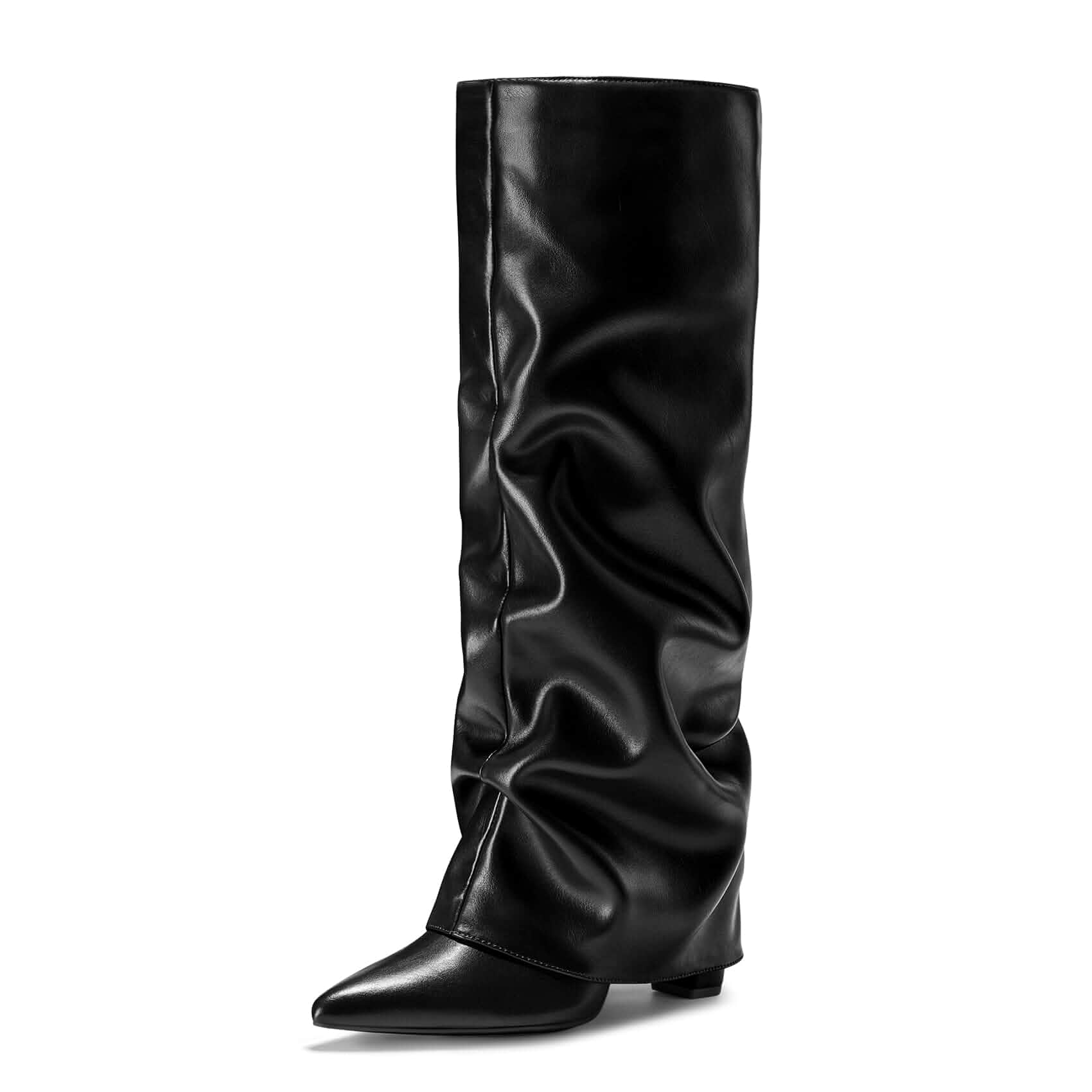FITORY Knee High Boots Women Pull on Shark Slouchy Fold Over Tall Block Casual Pointed Toe, 3.64-inch Chunky Heel, Fall Winter Everyday Party Dress Vegan Leather