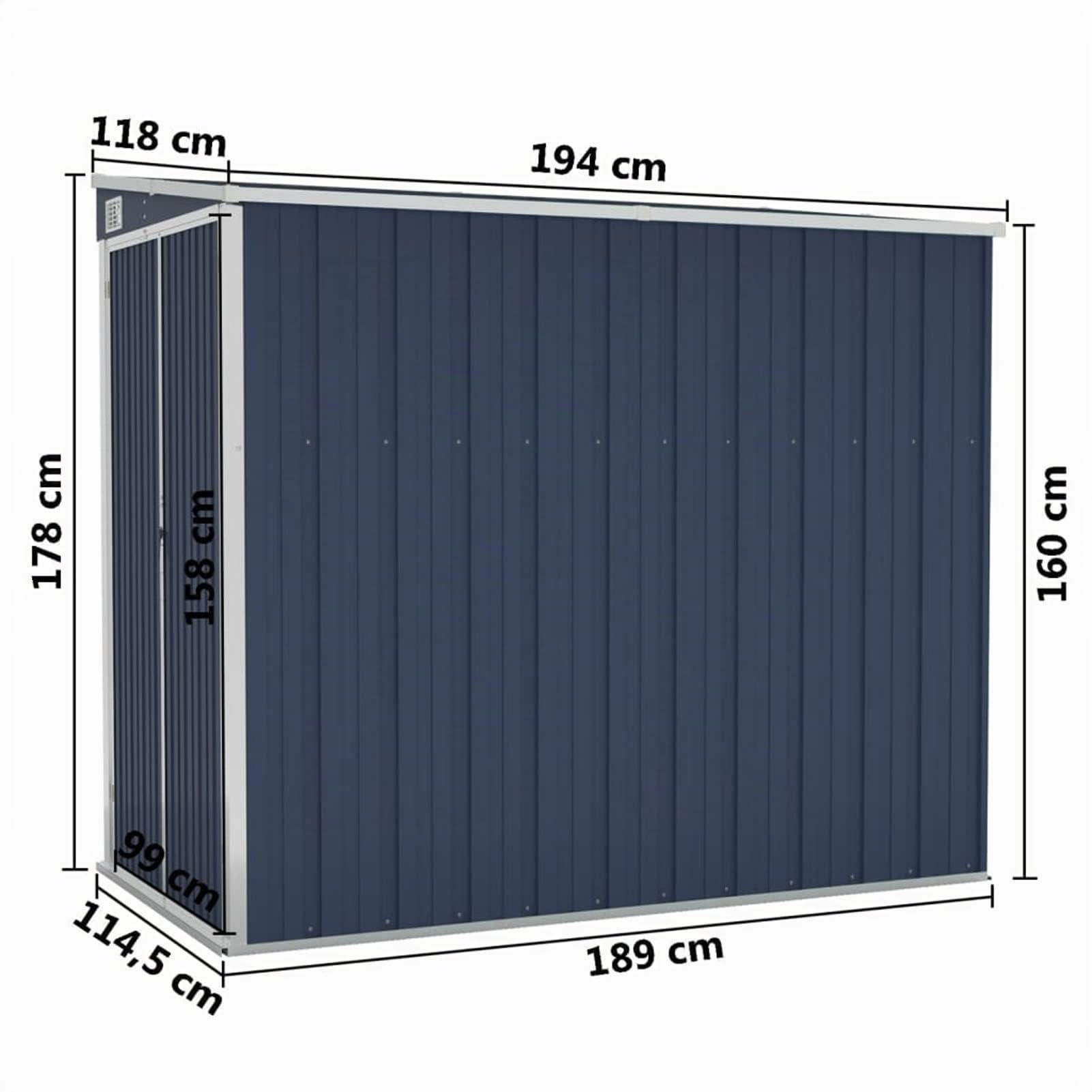 IKAYAA Cobertizo Exterior de Pared 1118 x 194 x 178 cm Armario Cobertizo de Exterior para Herramientas, Caseta de Jardín Metálica con 2 Puertas para Almacenamiento de Herramientas Antracita