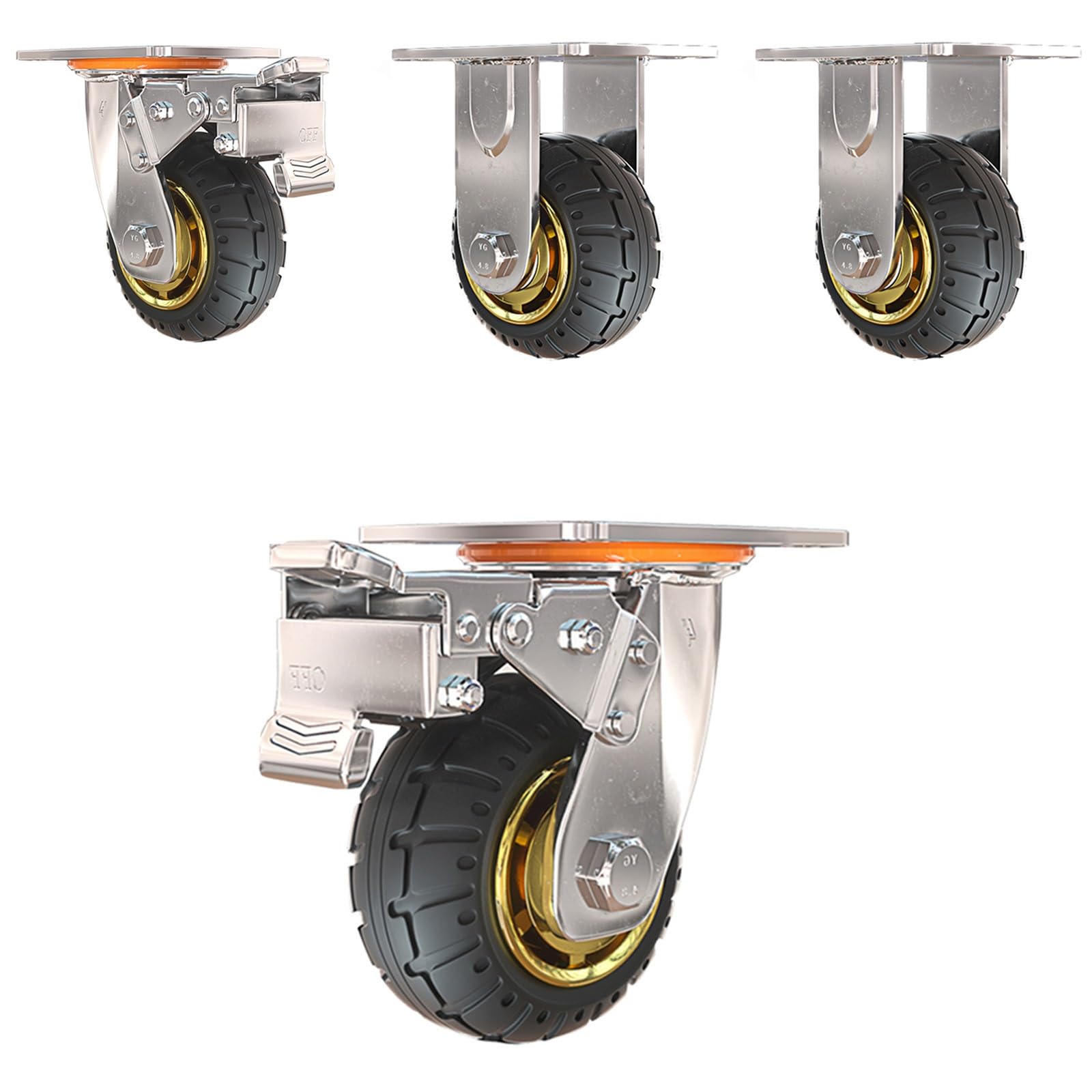 HJXGQJM Ruedas Giratorias, Ruedas Giratorias Goma, Ruedas con Freno Industrial con Freno, Pack De 4 Ruedas para Muebles, con Pletina Y Rodamientos Rueda giratoria(5in(2non-steerable 2with Brakes))