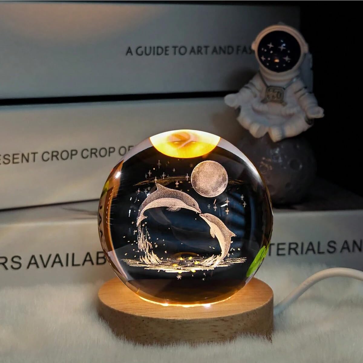 VALAMJI Small 3D Crystal Ball Night lamp Engraved Crystal Ball LED Night Light with Wooden Base, USB Powered, Ideal for Home & Office Décor, Birthday Gift for Adults (1 PC) (Dolphin with Moon)-image-25
