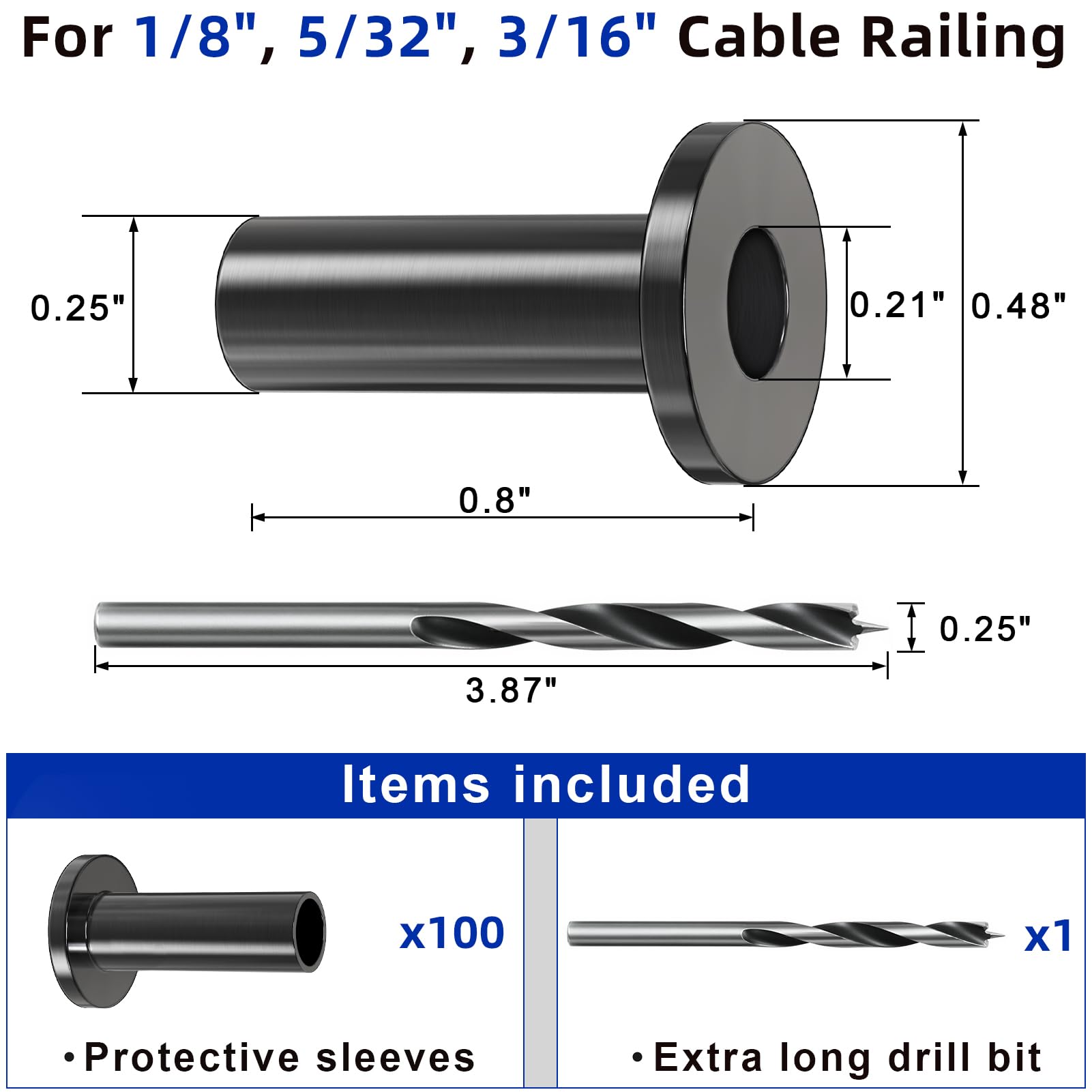 Steel DN Mate Paquete de 100 fundas protectoras de acero inoxidable negro para cables de cuerda de alambre de 1/8 pulgadas, 5/32 pulgadas, 3/16 pulgadas, kit de barandilla de cable de cubierta de