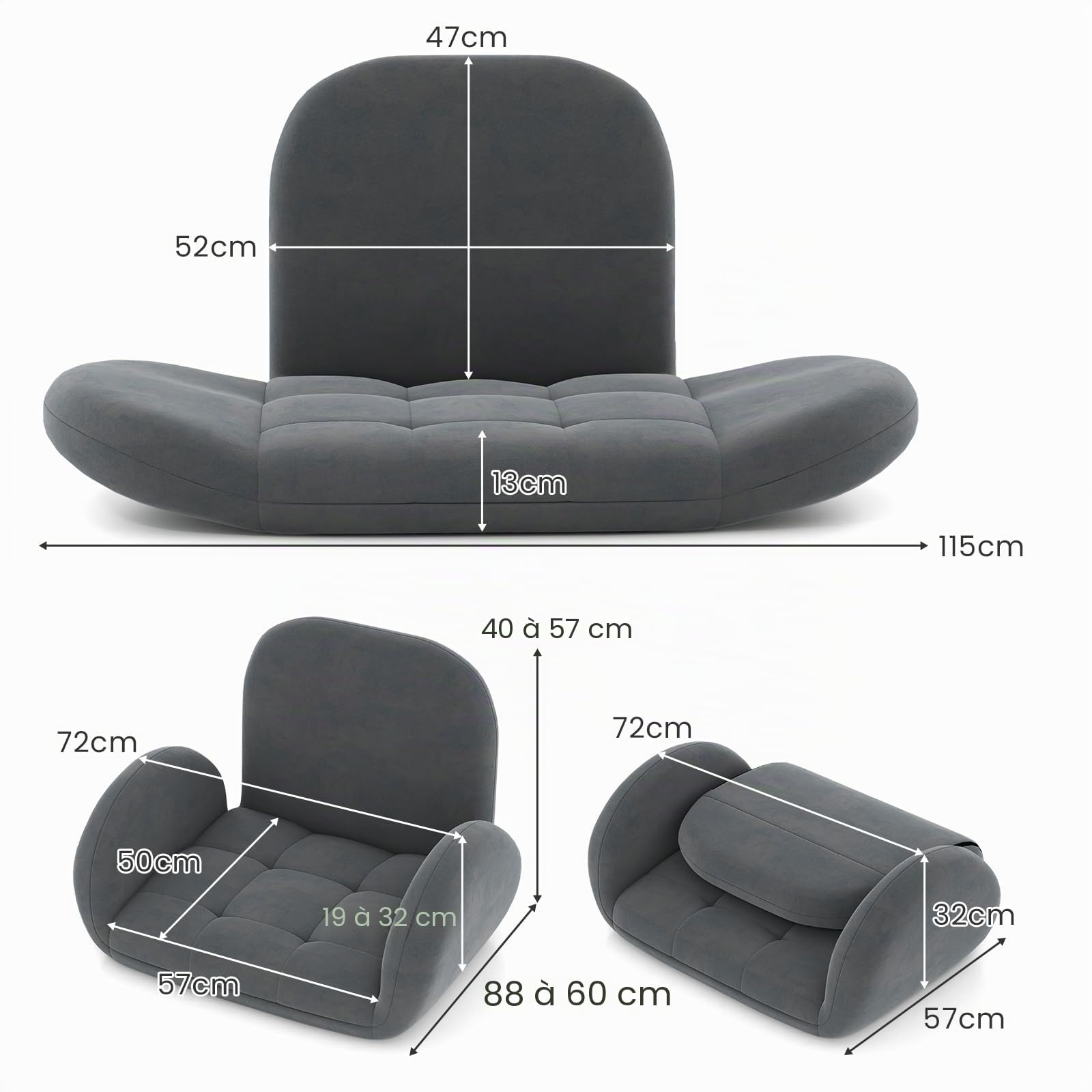 GOPLUS Fauteuil de Sol Pliable, Chaise de Méditation, 60 x 72 x 57CM, Chaise de Jeu avec Soutien Dorsal Réglable à 3 Positions et Accoudoirs Réglables à 5 Positions, Charge 150kg, Gris
