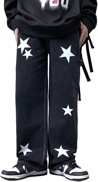 Mens Star Jeans Y2K Streetwear Straight Leg Hip Hop Jeans High Waist Baggy Denim Pants Aesthetic Harajuku Jeans