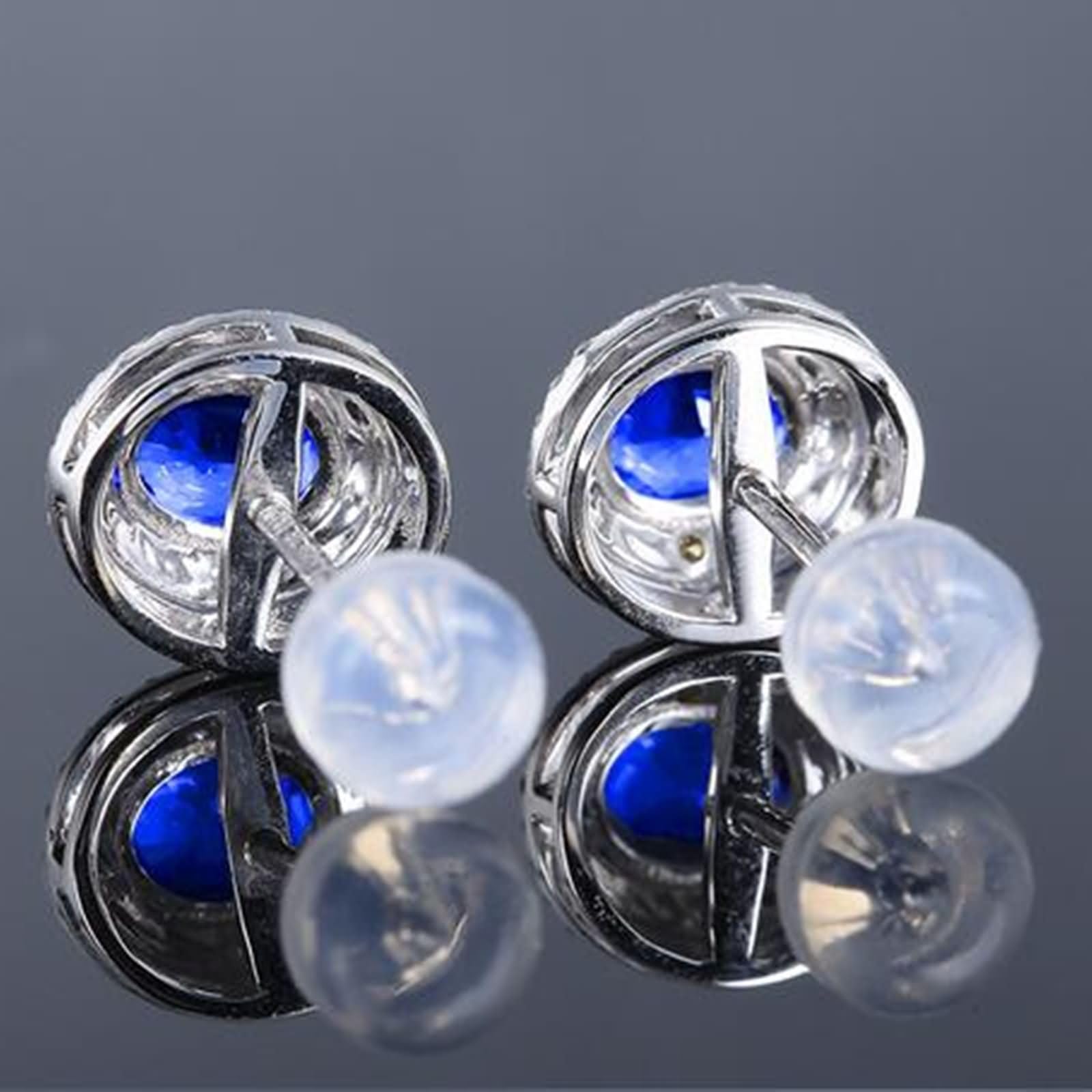 Pendientes para Mujer Oro Blanco 9 K / 14 K / 18 Kilates, Ovalado con Zafiro Creado y Moissanita, Pendientes de Mujer Plata Azul