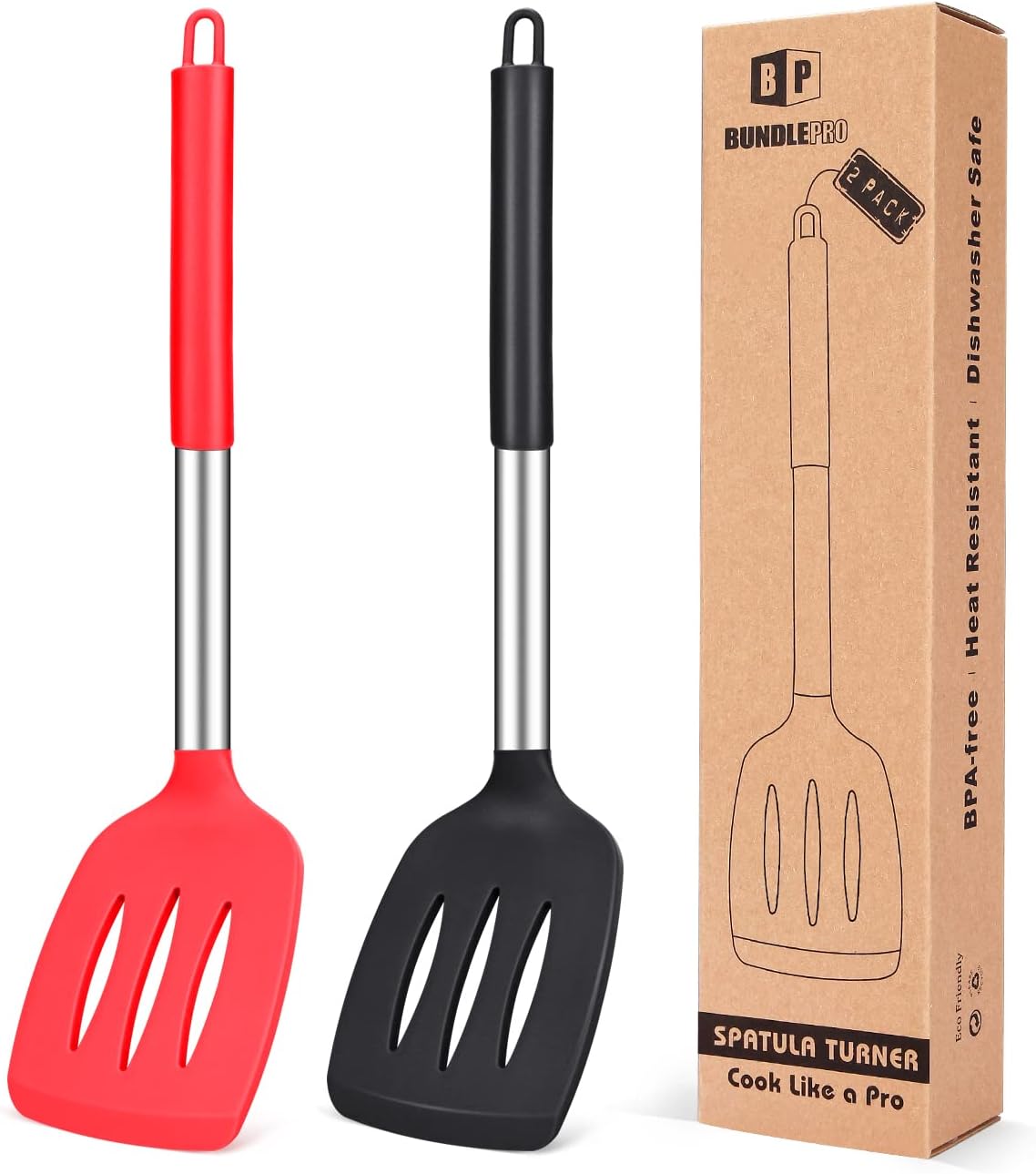 Pack of 2 Silicone Slotted Spatula, Non Stick Kitchen Turners, High Heat Resistant BPA Free Kitchen Utensils, Ideal Cookware for Fring Fish, Eggs, Meat,French Fries (Black-Red)