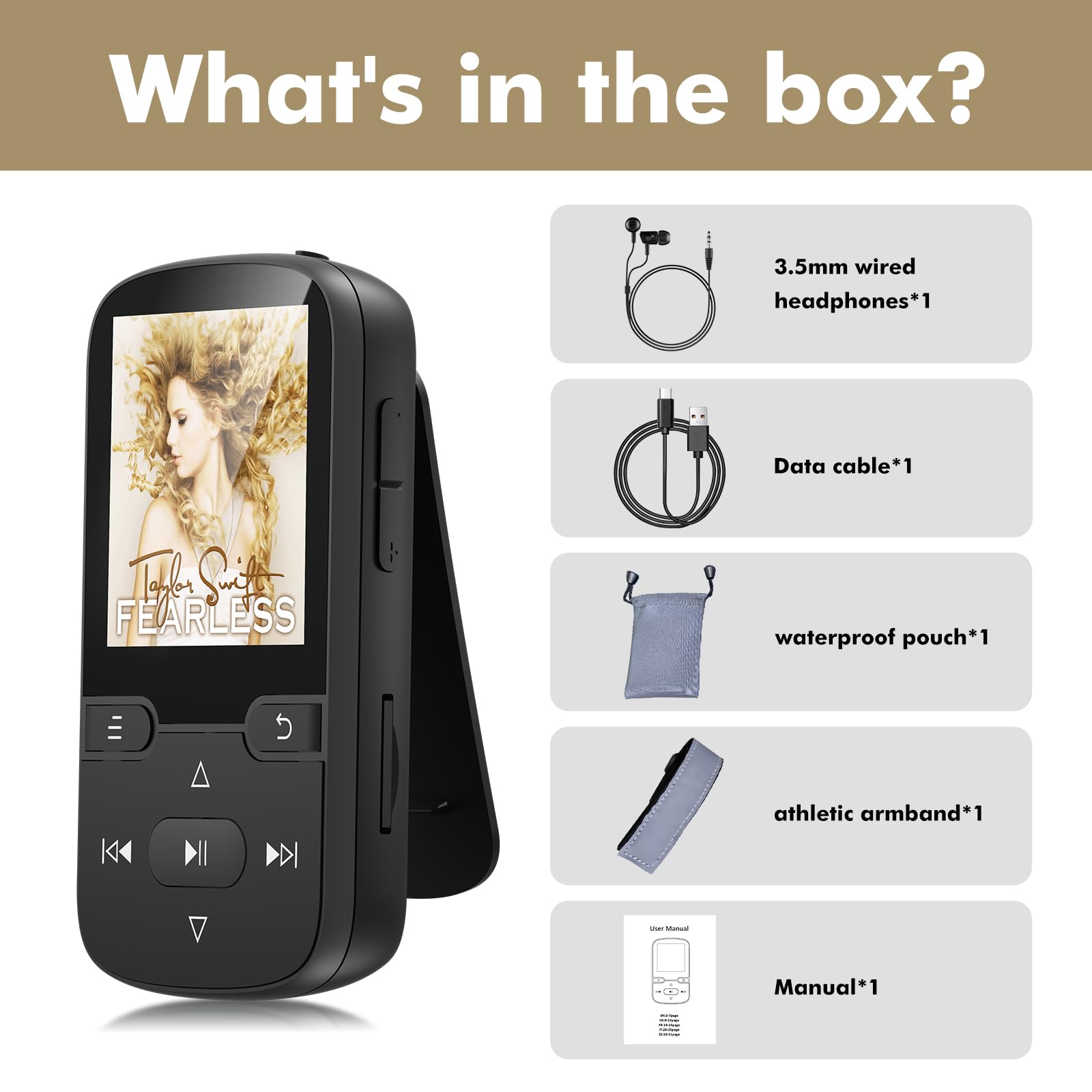 Lecteur MP3 Bluetooth 5.3 64 Go avec Clip, Radio FM, HiFi Portable, Noir