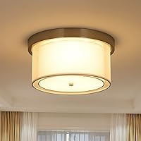 Vista 9 de 3-Light Flush Mount Ceiling Light Fixture, Modern Close to Ceiling Light with Double Fabric Drum Shade, Hallway Light Fixtures Ceiling Mount for