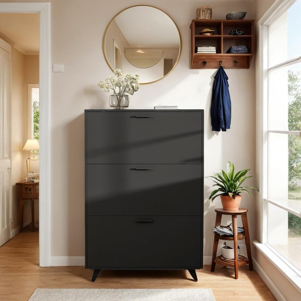 DIYART Black Shoe Storage Cabinet - Fit up to Size 16, 3 Flip Drawers, Wooden Organizer for Entryway, Closet, Living Room