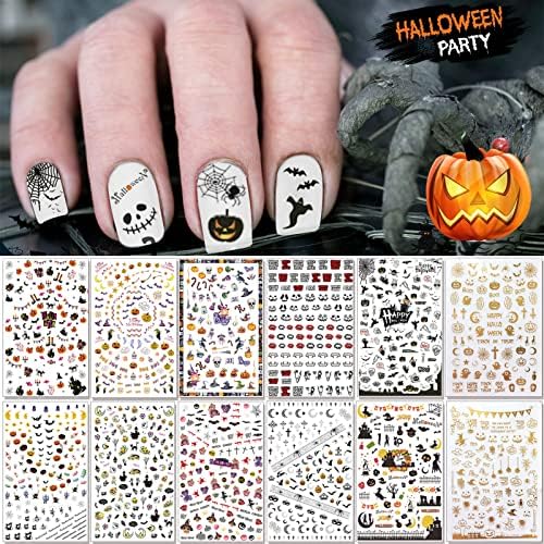 TailaiMei 1500 Pcs Halloween Nail Decals Stickers, 12 Sheets Self-Adhesive DIY Nail Art Tips Stencil for Halloween Party, Include Pumpkin/Bat/Ghost/Witch etc
