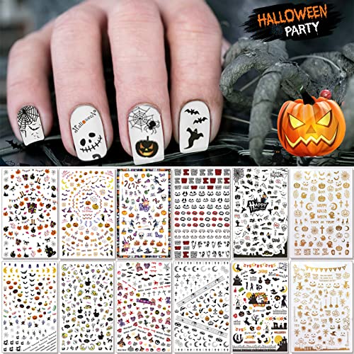 Tailaimei 1500 Pcs Halloween Nail Decals Stickers, 12 Sheets Self-Adhesive Diy Nail Art Tips Stencil For Halloween Party, Include Pumpkin/Bat/Ghost/Witch Etc #TOP3