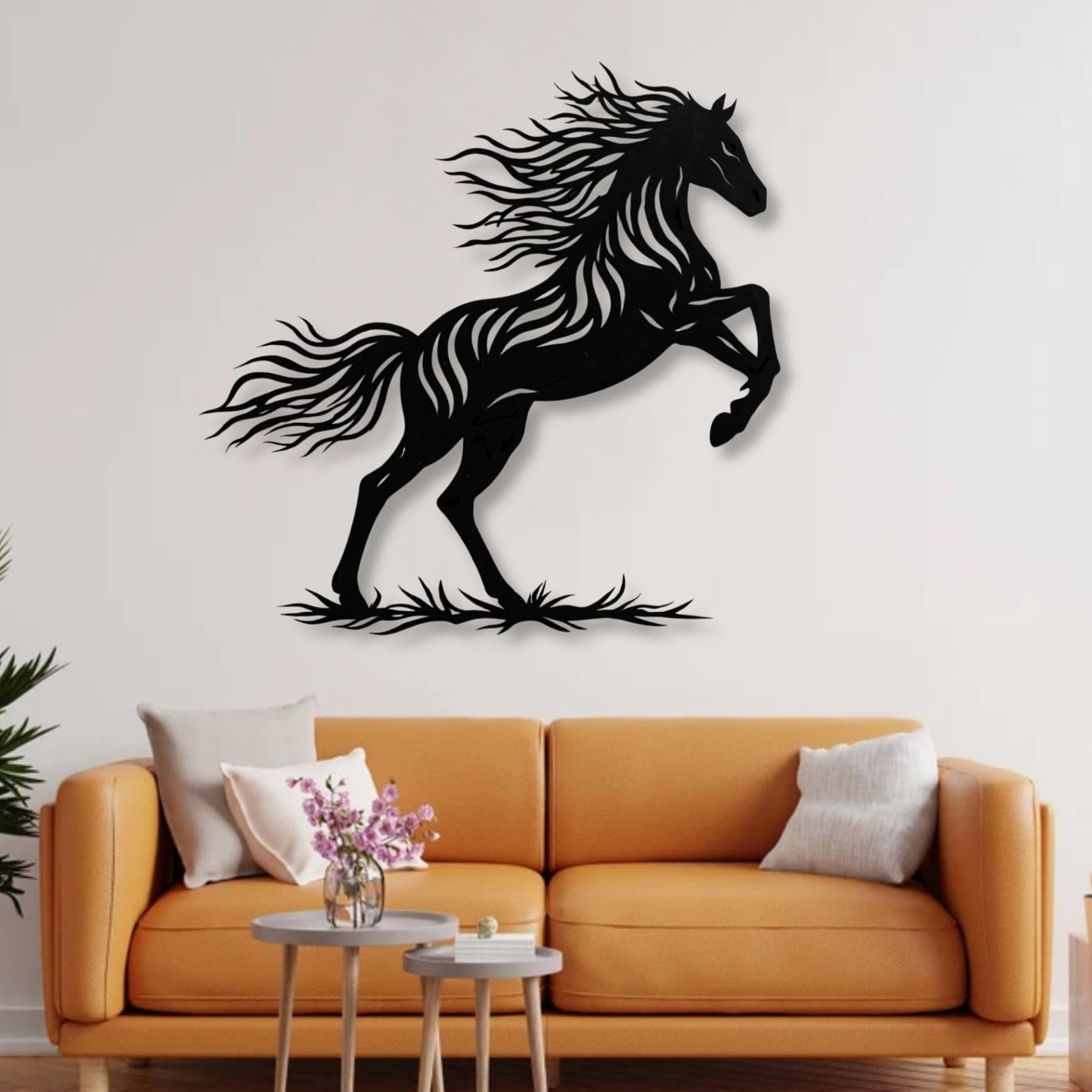 Schwarzes Metallpferd als Wandbild für Wildtiere, Wanddekoration im Landhausstil, Wanddeko für Schlafzimmer, Wohnzimmer, Flur und Treppenhaus, Natur-Wohndeko (Schwarz, 35" × 3")
