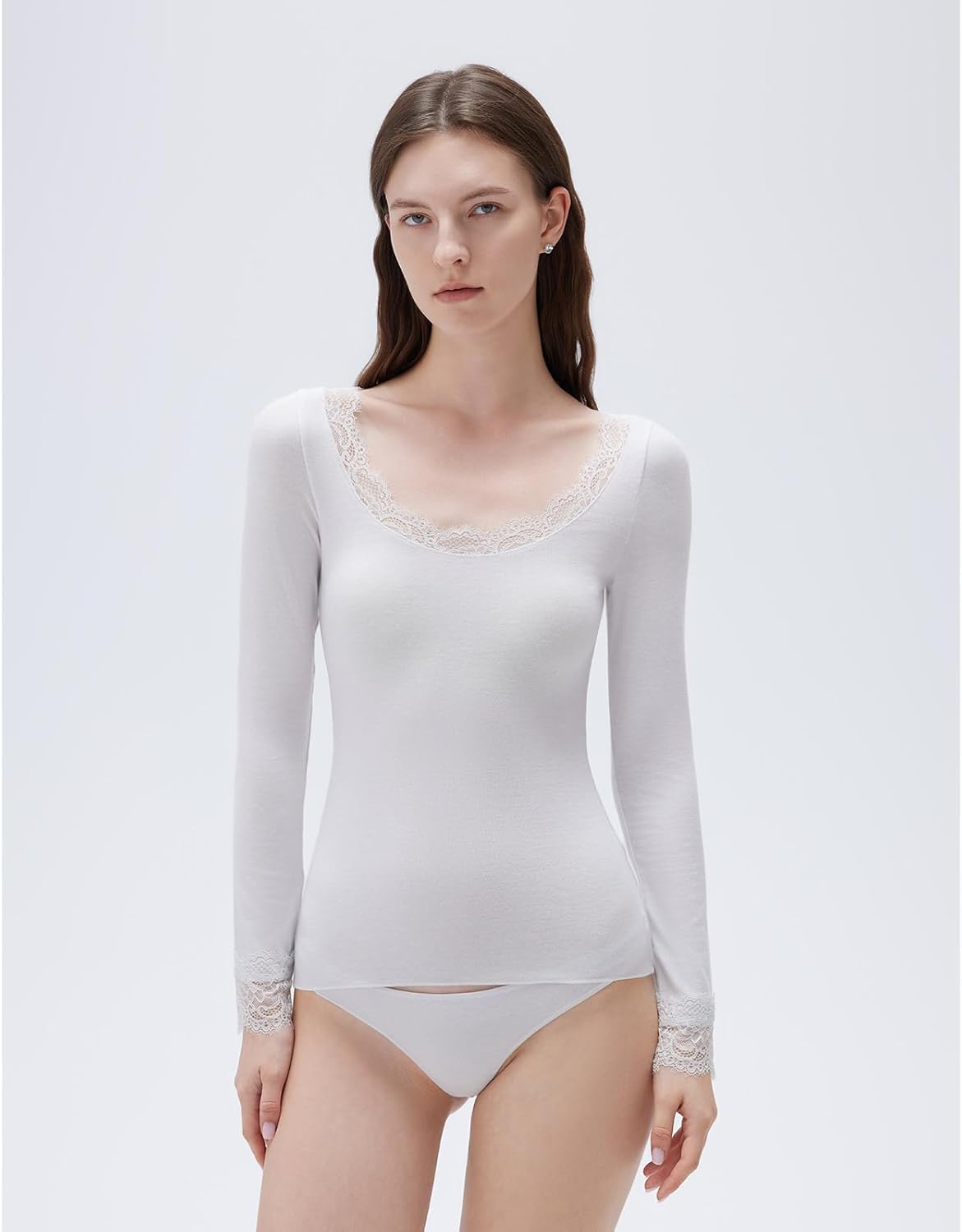 SUUKSESS Cloud Cashmere Women Lace Scoop Neck Tops Basic Long Sleeve Knit Shirts - Image 2