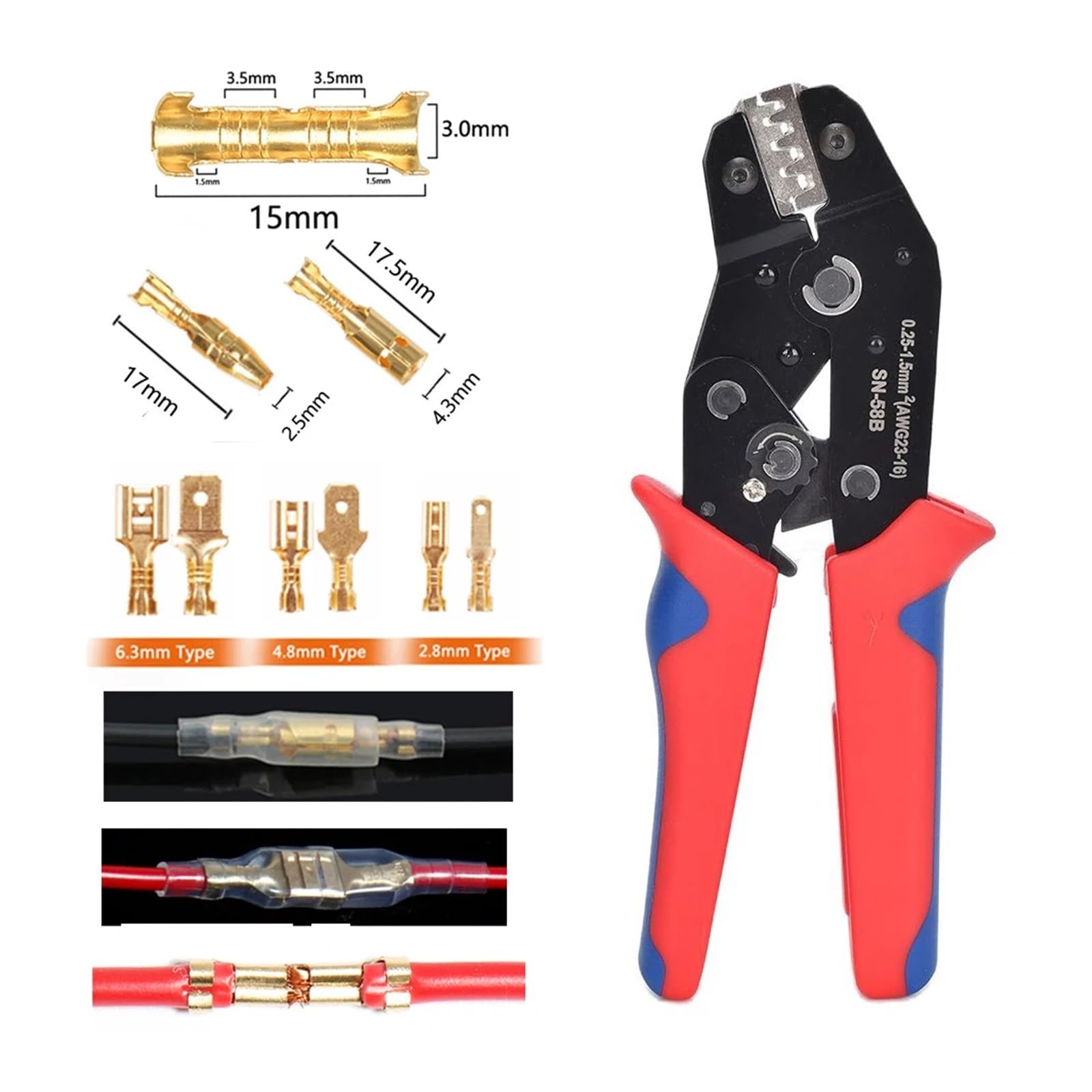 Wire Terminal Crimping Tools Kit,Ratcheting Crimp Plier 500 Female Male Spade Connectors&Bullet Terminals Set Hand Crimper(SN-58B)