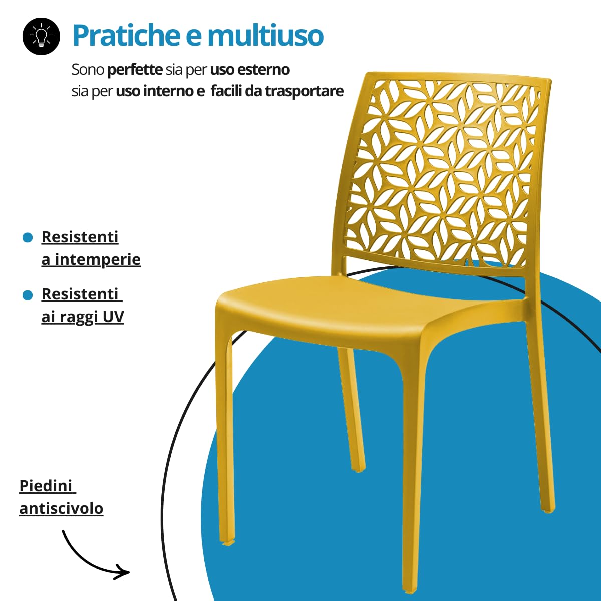 Tomaino - Sedia in Plastica Da Cucina - Set 6 Sedie Plastica Impilabili Con Braccioli Per Esterno e Interno - Sedie per Giardino, Soggiorno, Balcone o Bar (4, Giallo)