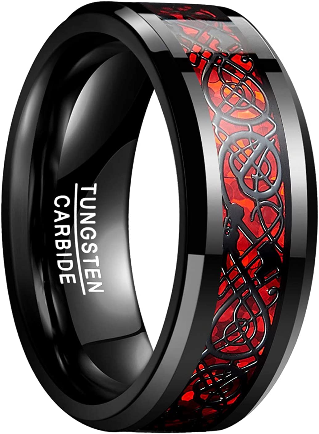 VIENTungsten Rings for Women Men Wedding Bands Celtic Dragon Carbon Fiber Inlay Beveled Edges Polished Comfort Fit