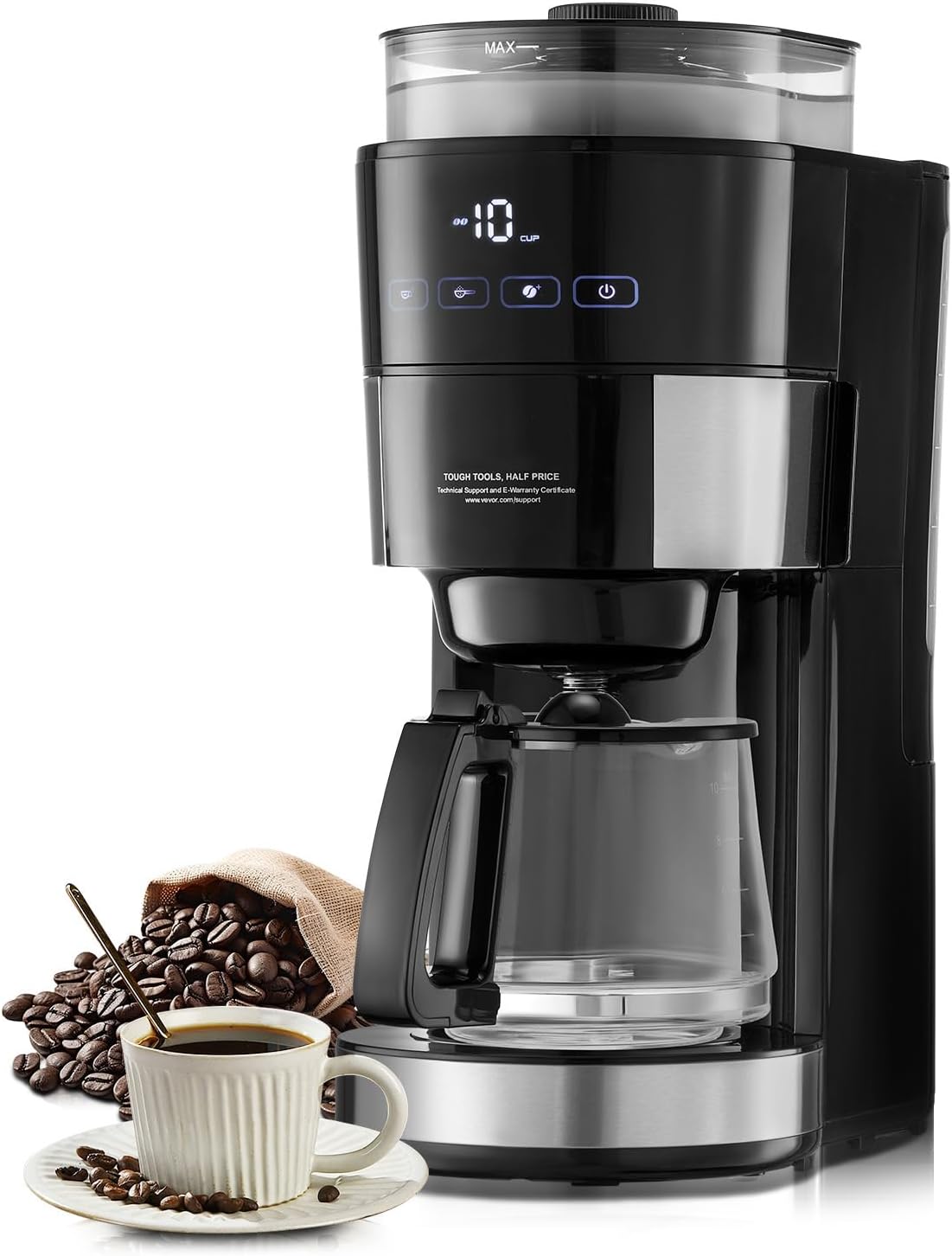 Happybuy Coffee Maker with Grinder, 10-Cup Coffee Machine, Grind and Brew Coffee Maker with 3 Brew Strength Control, Drip Coffee Maker with Adjustable Grinding Coarseness for Home, Office