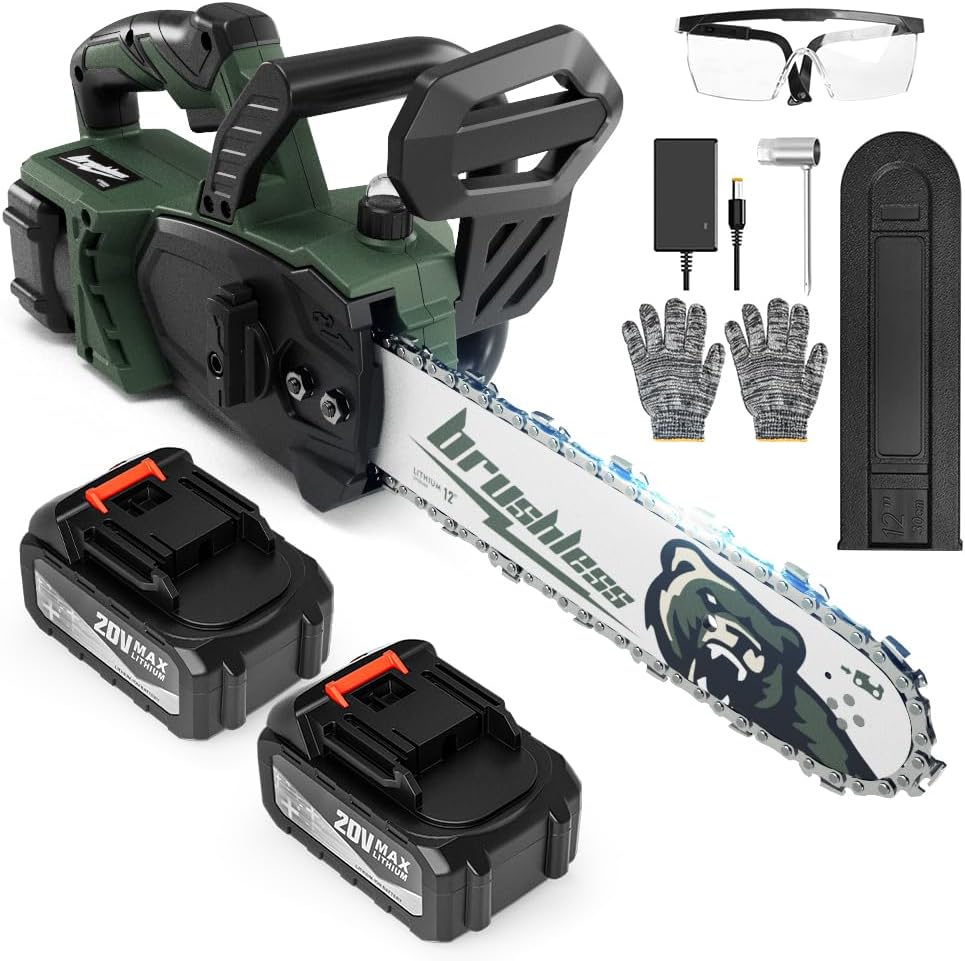 20V 12" Brushless Chainsaw, Electric Chainsaw Cordless, Portable Chain Saw Handheld Chain Saw Pruning Shears Chainsaws for Wood Cutting, Tree Felling, Limbing(4.0Ah Battery & Charger) Bear Green - 2 Batteries