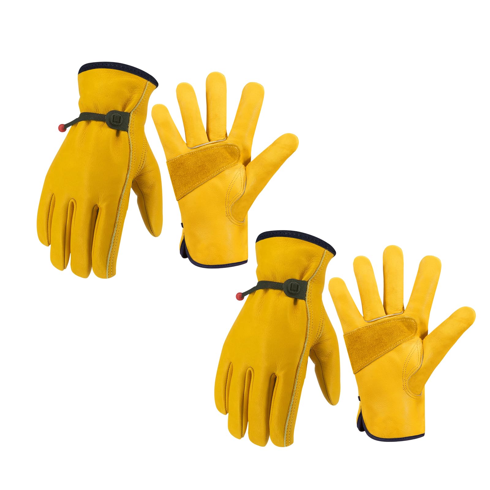 Guantes de trabajo de cuero para hombres y mujeres, guantes de jardinería reforzados y duraderos, guantes de trabajo de cuero vacuno (dorado, paquete de 2, extragrande)