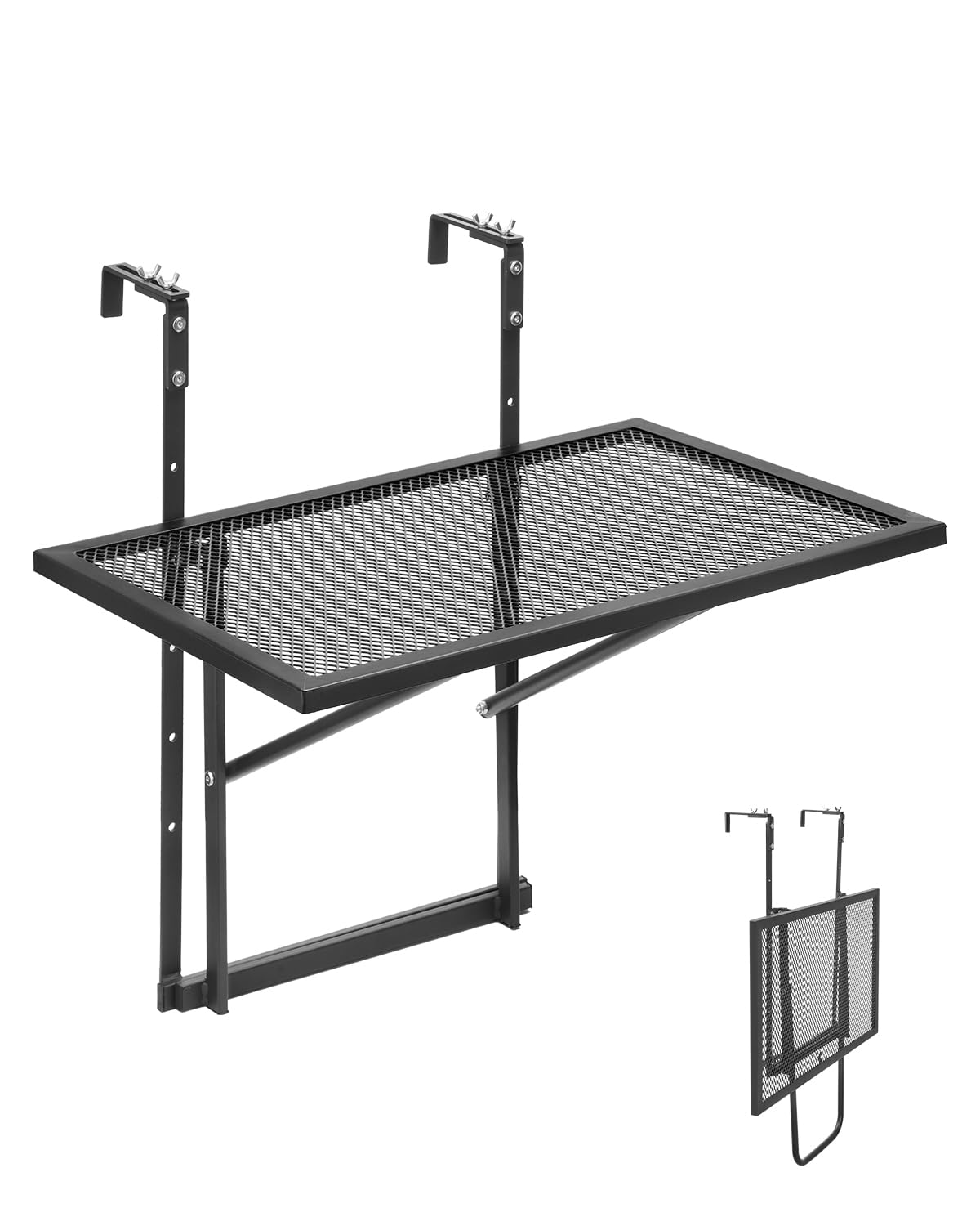 VEVOR Table Suspendue Balcon, 610 x 530 x 590 mm, Table de Bar Pliante Métal pour Balustrades de Balcon Extérieur, avec Plateau 610 x 410 mm, Réglable sur 5 Niveaux, pour Garde-corps de Patio Terrasse