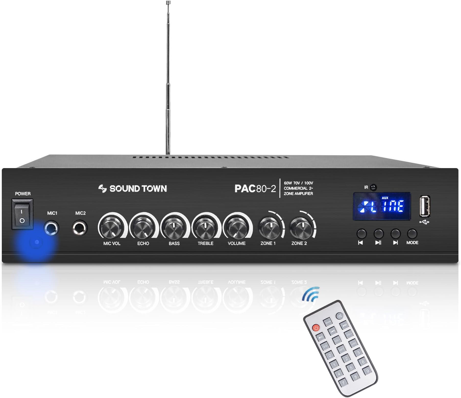 Sound Town 60W 2-Zone 70V/100V Commerical Power Amplifier with Bluetooth, Aluminum, for Restaurants, Lounges, Bars, Pubs, Schools and Warehouse (PAC80-2)