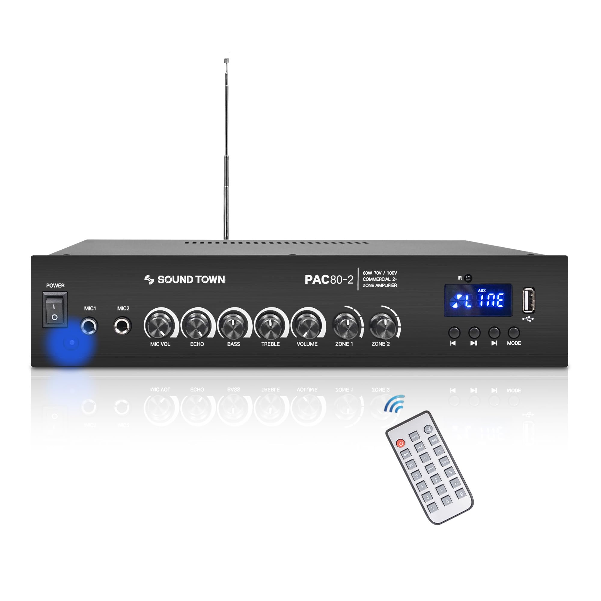 Sound Town Commercial Restaurant Bluetooth Amplifier + Column Speaker Set, with One 2-Zone 70V/100V Amplifier with Bluetooth, 2 x All-Weather Dual 5-Inch Column Speakers, Grey (PAC80X2CL25G)