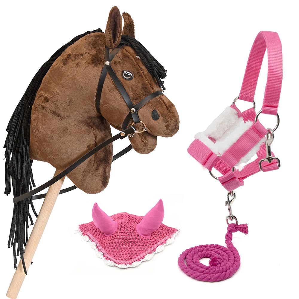 Hobby Horse Land Hobby Horse Braun mit Zaum + Pferdehalfter + Führleine + rosa Mütze, Pferd mit Zubehör, Rosa
