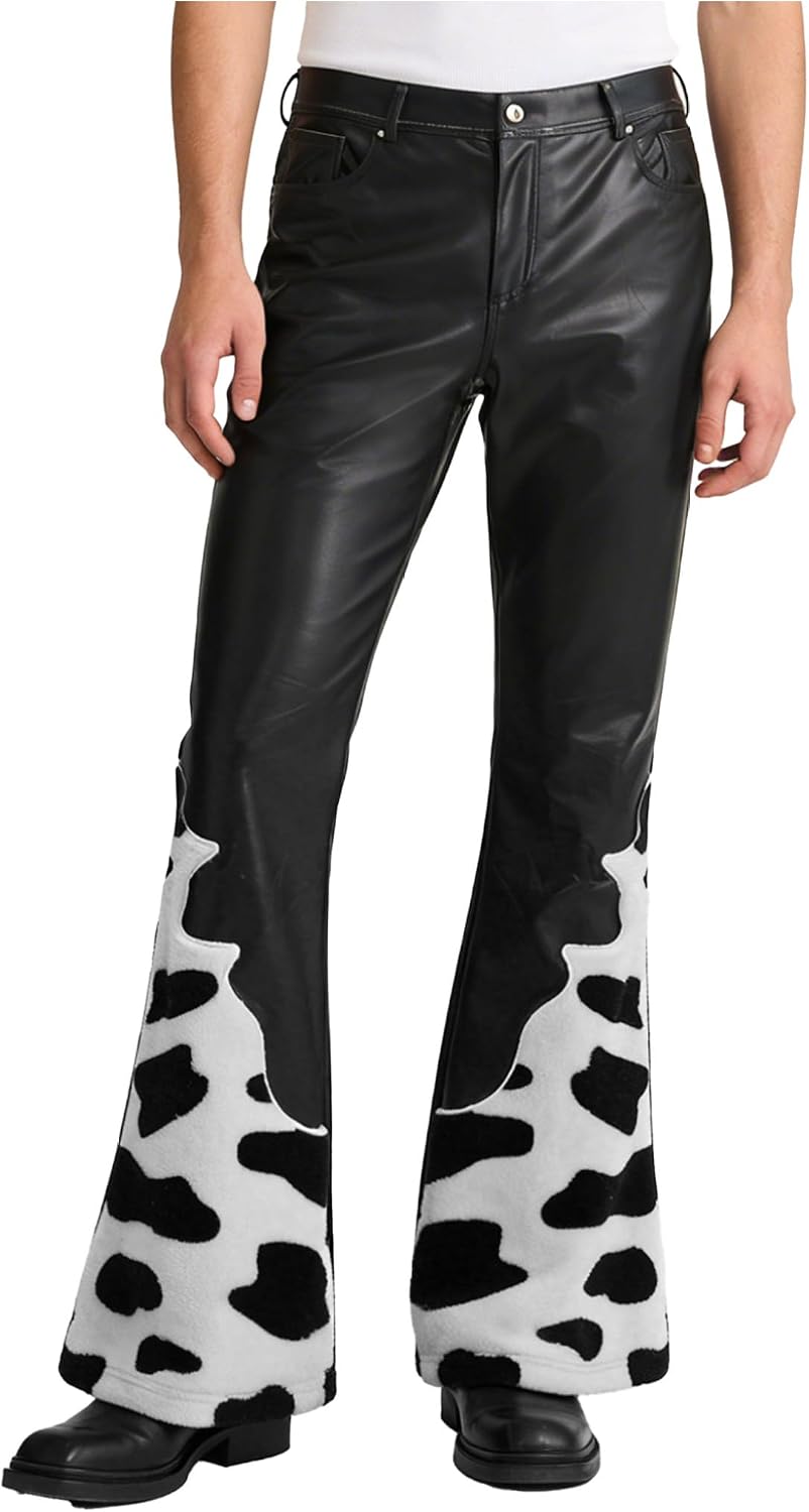 Mufeng Mens Cowboy Faux Leather Flared Pants Western Cowboy Cosplay Bell Bottoms Riding Trousers